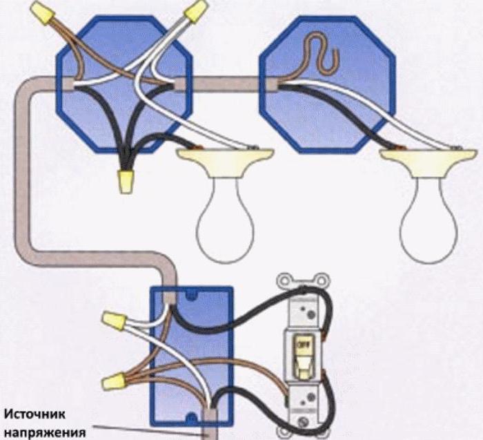 circuit pentru conectarea unui comutator cu două chei la două becuri